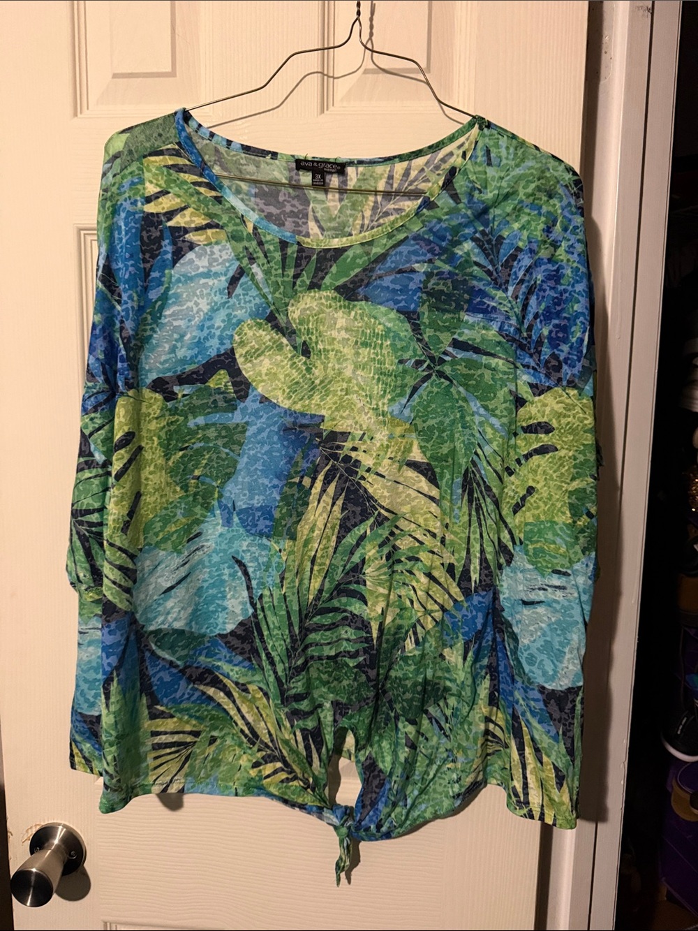 Ava & Grace Sheer Blue and Green Tropical Tie-Front Tunic Top